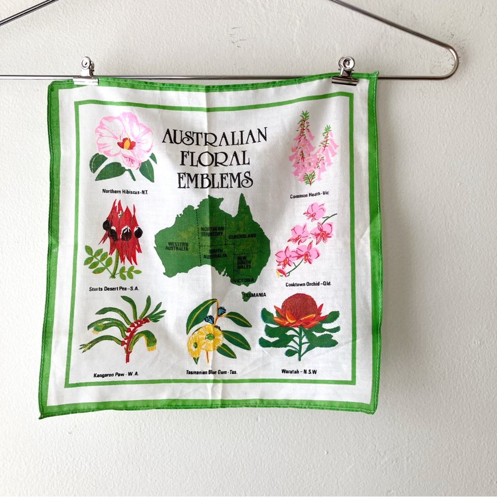 Vintage • Australian Floral Emblems Handkerchief in White/Green